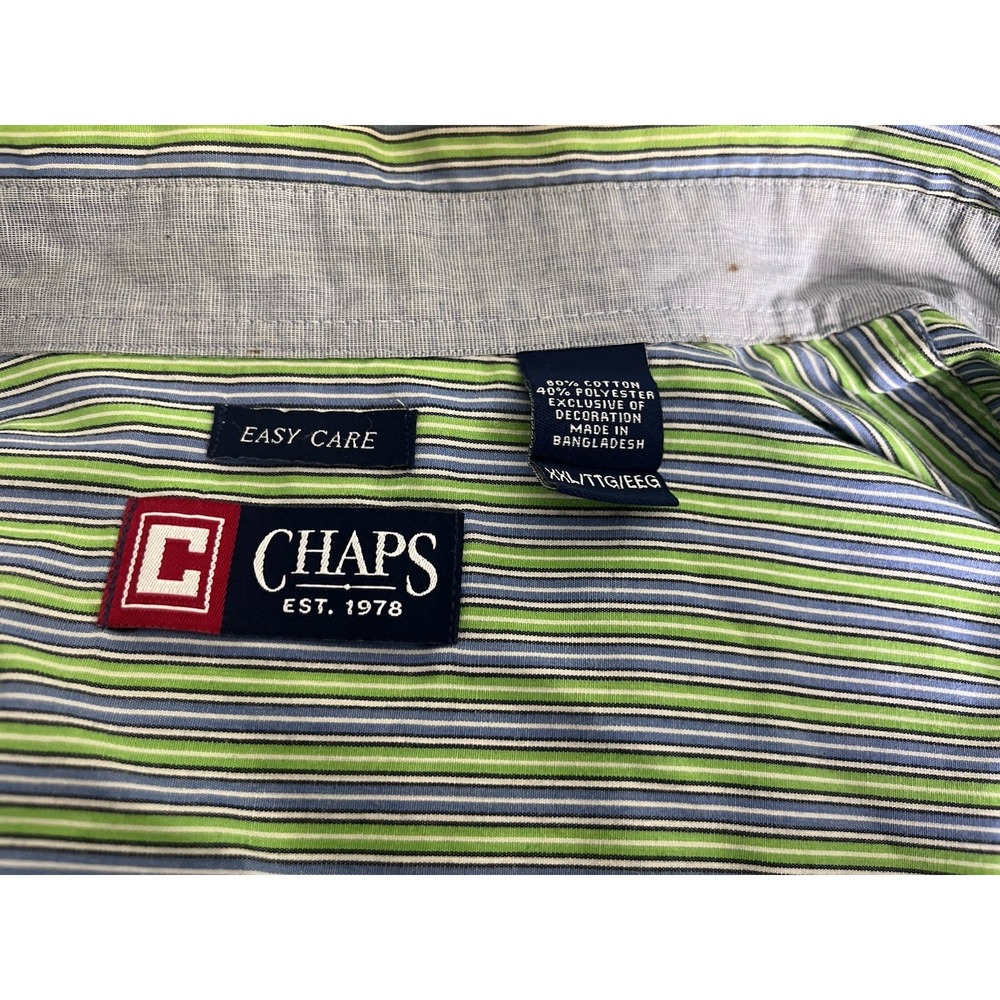 Chaps Men's XXL Easy Care Striped Button Down Shirt Long Sleeve Blue Green White - Picture 5 of 6